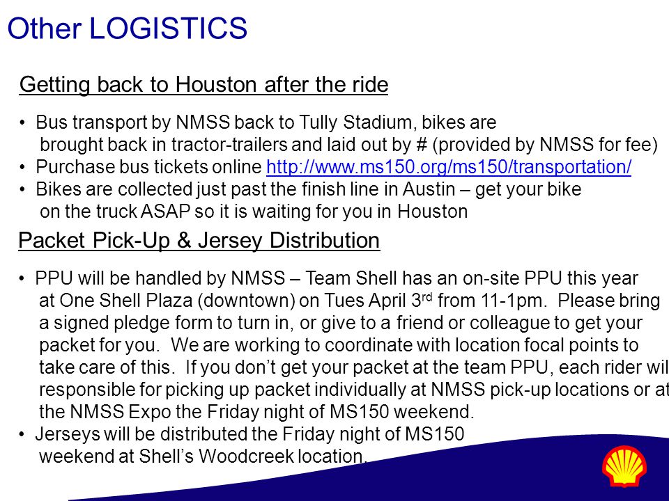 Other LOGISTICS Packet Pick-Up & Jersey Distribution PPU will be handled by NMSS – Team Shell has an on-site PPU this year at One Shell Plaza (downtown) on Tues April 3 rd from 11-1pm.