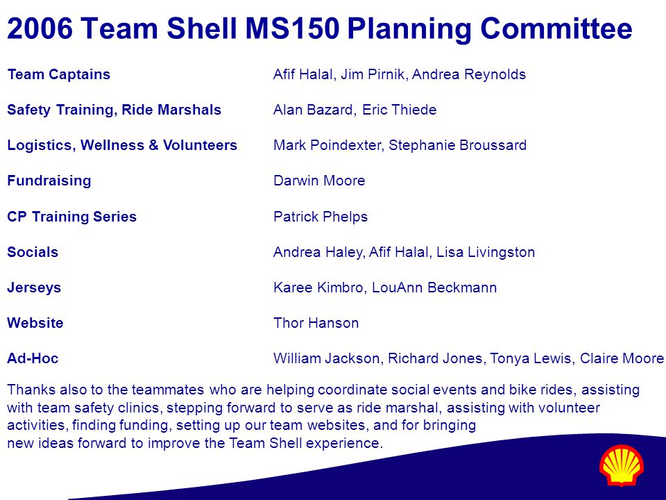 2006 Team Shell MS150 Planning Committee Team CaptainsAfif Halal, Jim Pirnik, Andrea Reynolds Safety Training, Ride MarshalsAlan Bazard, Eric Thiede Logistics, Wellness & VolunteersMark Poindexter, Stephanie Broussard FundraisingDarwin Moore CP Training SeriesPatrick Phelps SocialsAndrea Haley, Afif Halal, Lisa Livingston JerseysKaree Kimbro, LouAnn Beckmann WebsiteThor Hanson Ad-HocWilliam Jackson, Richard Jones, Tonya Lewis, Claire Moore Thanks also to the teammates who are helping coordinate social events and bike rides, assisting with team safety clinics, stepping forward to serve as ride marshal, assisting with volunteer activities, finding funding, setting up our team websites, and for bringing new ideas forward to improve the Team Shell experience.