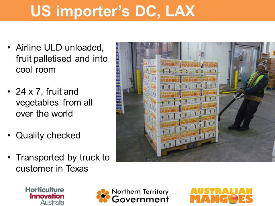 US importer’s DC, LAX Airline ULD unloaded, fruit palletised and into cool room 24 x 7, fruit and vegetables from all over the world Quality checked Transported by truck to customer in Texas