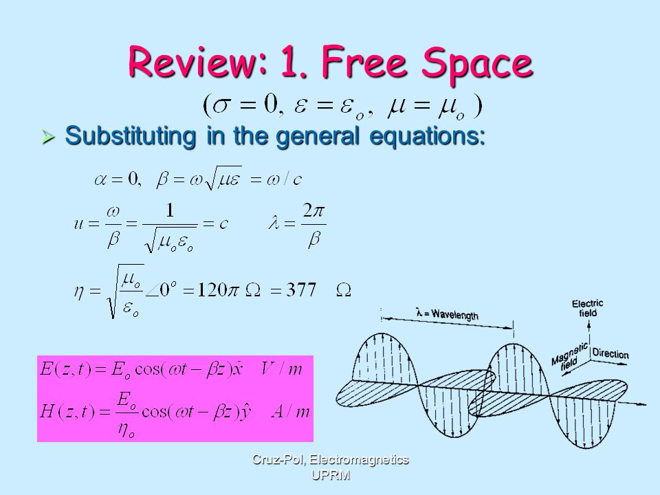 Cruz-Pol, Electromagnetics UPRM Review: 1. Free Space  Substituting in the general equations: