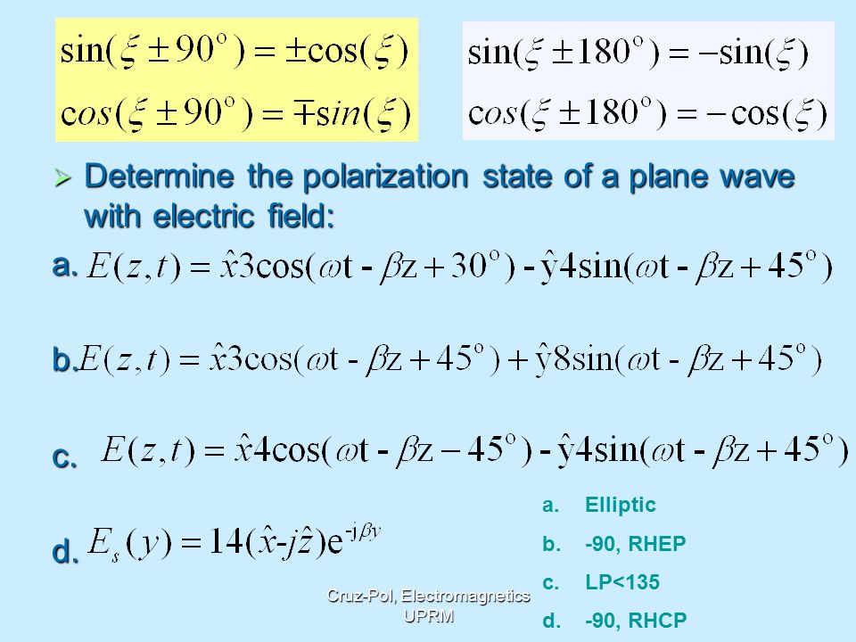 Example  Determine the polarization state of a plane wave with electric field: a.