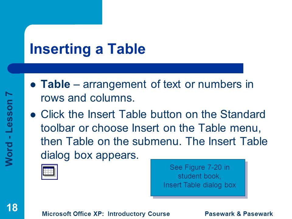 Word - Lesson 7 Microsoft Office XP: Introductory Course Pasewark & Pasewark 18 Inserting a Table Table – arrangement of text or numbers in rows and columns.