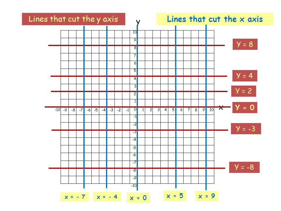 x y Lines that cut the y axis Y = 8 Y = 4 Y = 2 Y = 0 Y = -3 Y = -8 Lines that cut the x axis x = 9 x = 0 x = 5 x = - 4 x = - 7