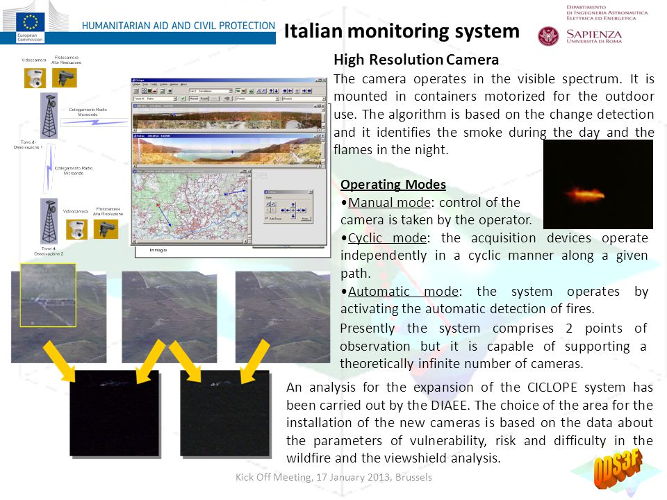Italian monitoring system Kick Off Meeting, 17 January 2013, Brussels Operating Modes Manual mode: control of the camera is taken by the operator.
