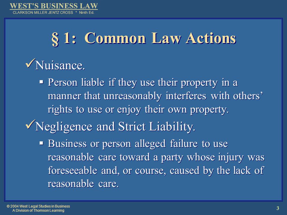 © 2004 West Legal Studies in Business A Division of Thomson Learning 3 § 1: Common Law Actions Nuisance.