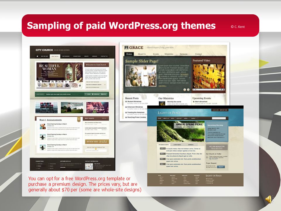 Sampling of free WordPress.org themes WordPress.org offers many free themes.
