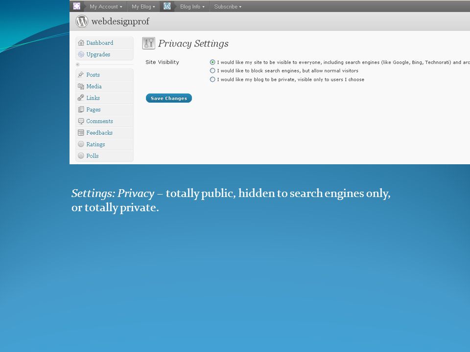Settings: Privacy – totally public, hidden to search engines only, or totally private.