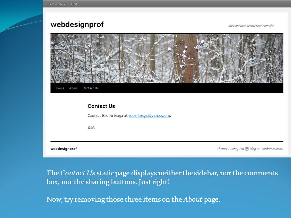 The Contact Us static page displays neither the sidebar, nor the comments box, nor the sharing buttons.