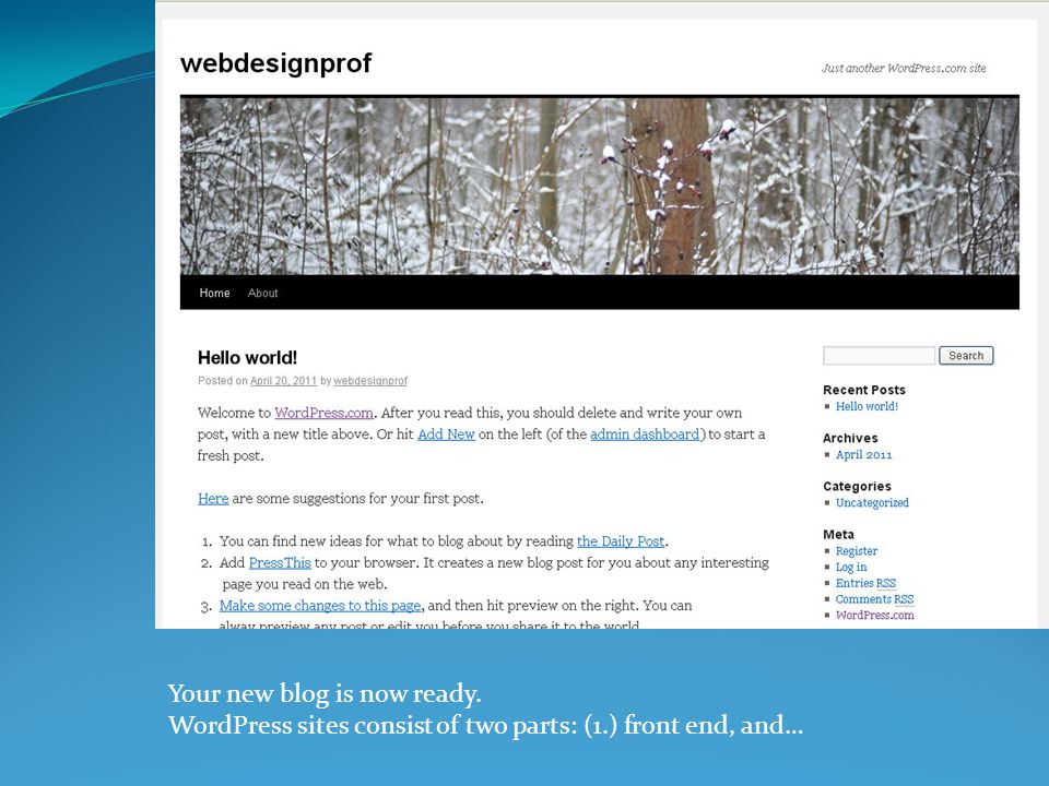 Your new blog is now ready. WordPress sites consist of two parts: (1.) front end, and…
