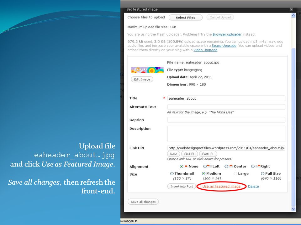 Upload file eaheader_about.jpg and click Use as Featured Image.