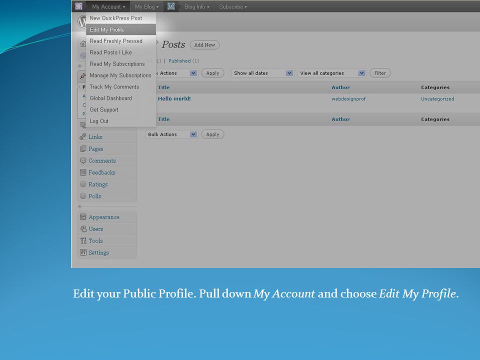 Edit your Public Profile. Pull down My Account and choose Edit My Profile.