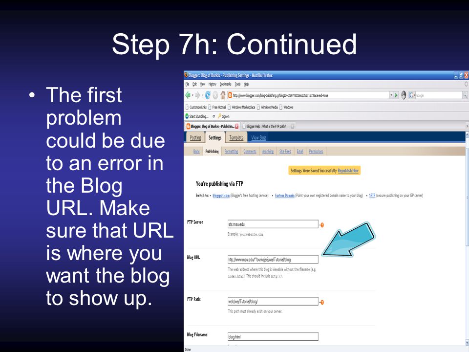 Step 7h: Continued The first problem could be due to an error in the Blog URL.