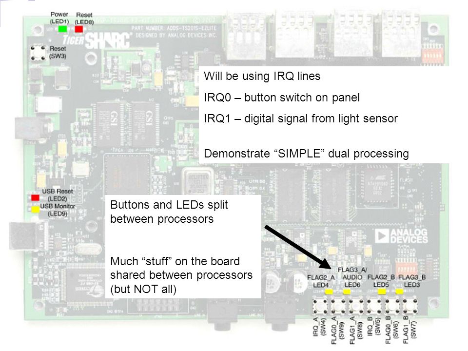 6 / 26 Buttons and LEDs split between processors Much stuff on the board shared between processors (but NOT all) Will be using IRQ lines IRQ0 – button switch on panel IRQ1 – digital signal from light sensor Demonstrate SIMPLE dual processing
