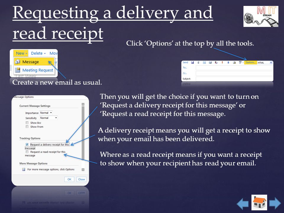 Requesting a delivery and read receipt Create a new  as usual.