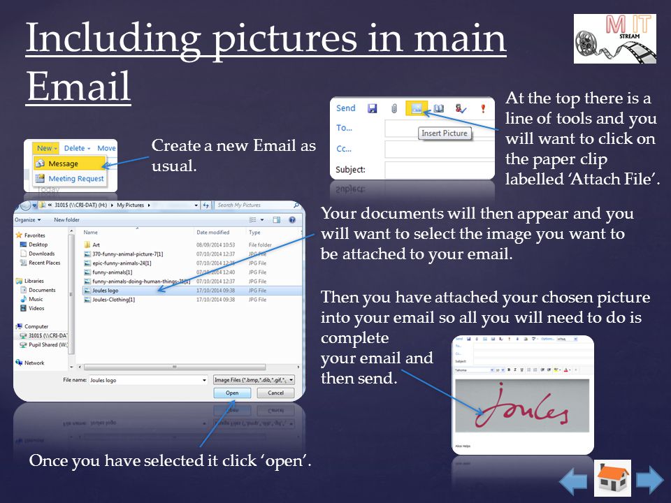 Including pictures in main  At the top there is a line of tools and you will want to click on the paper clip labelled ‘Attach File’.