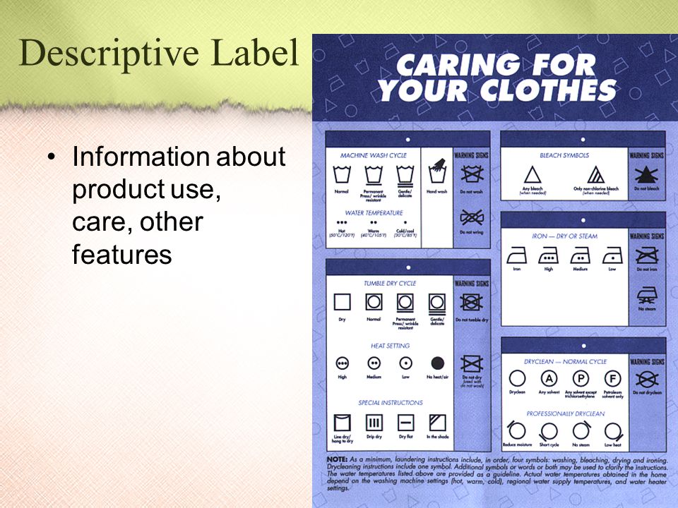 Descriptive Label Information about product use, care, other features
