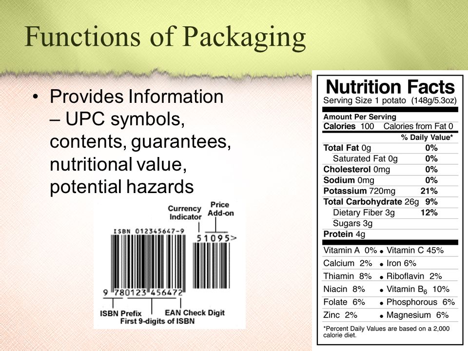 Functions of Packaging Provides Information – UPC symbols, contents, guarantees, nutritional value, potential hazards
