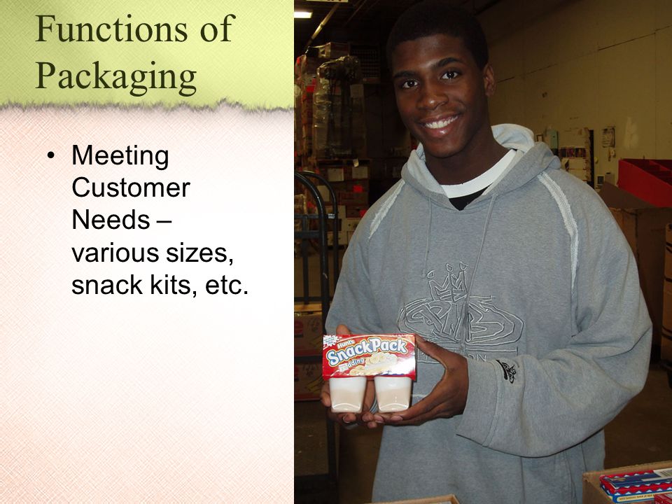 Functions of Packaging Meeting Customer Needs – various sizes, snack kits, etc.