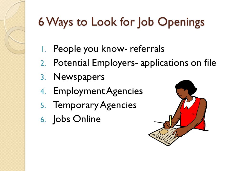 6 Ways to Look for Job Openings 1. People you know- referrals 2.