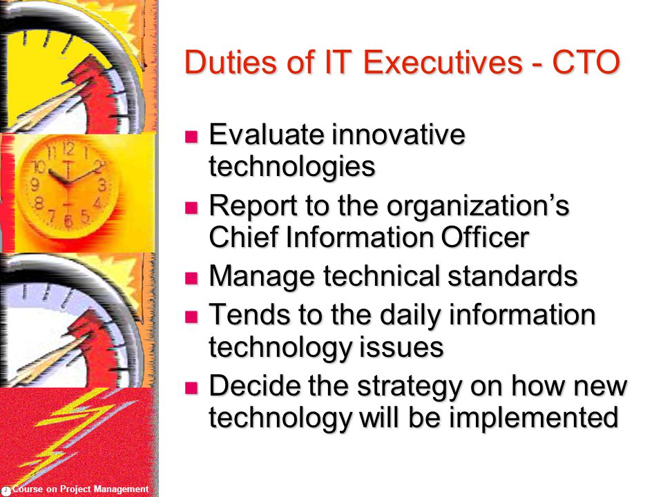 Course on Project Management Duties of IT Executives - CTO Evaluate innovative technologies Evaluate innovative technologies Report to the organization’s Chief Information Officer Report to the organization’s Chief Information Officer Manage technical standards Manage technical standards Tends to the daily information technology issues Tends to the daily information technology issues Decide the strategy on how new technology will be implemented Decide the strategy on how new technology will be implemented