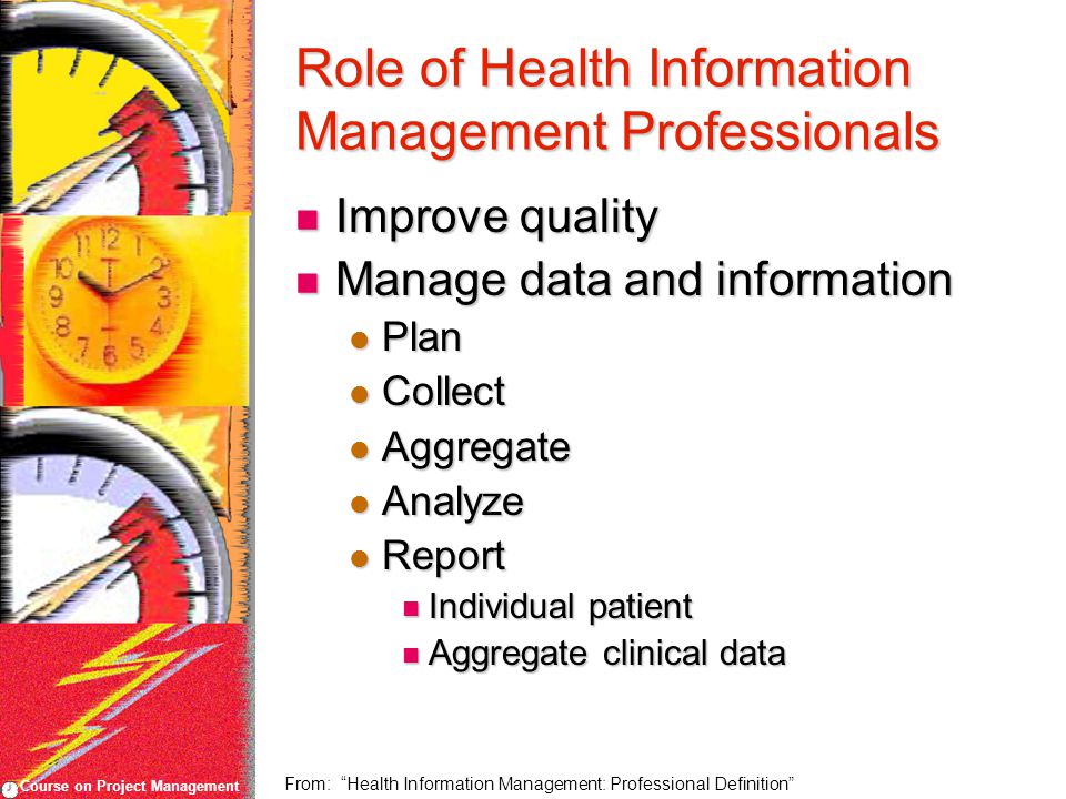 Course on Project Management Role of Health Information Management Professionals Improve quality Improve quality Manage data and information Manage data and information Plan Plan Collect Collect Aggregate Aggregate Analyze Analyze Report Report Individual patient Individual patient Aggregate clinical data Aggregate clinical data From: Health Information Management: Professional Definition