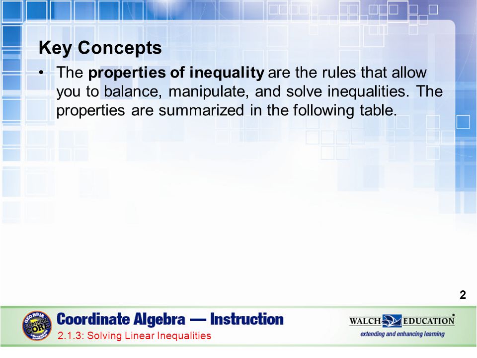 Key Concepts The properties of inequality are the rules that allow you to balance, manipulate, and solve inequalities.