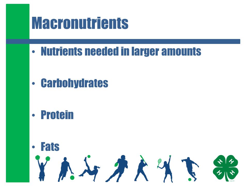 Macronutrients Nutrients needed in larger amounts Carbohydrates Protein Fats