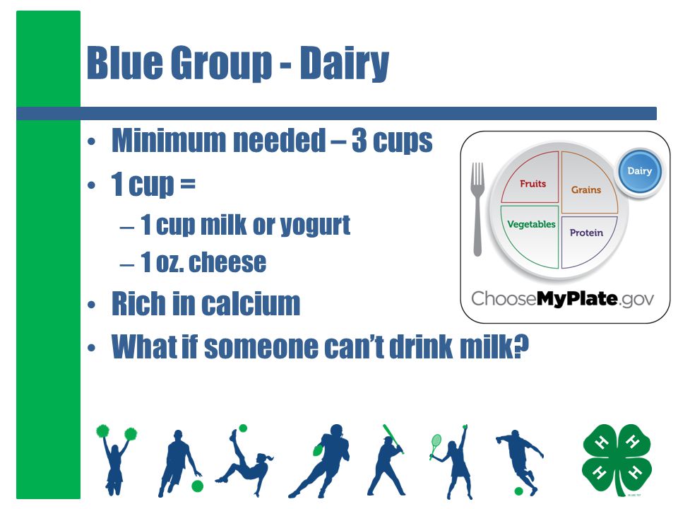 Blue Group - Dairy Minimum needed – 3 cups 1 cup = – 1 cup milk or yogurt – 1 oz.