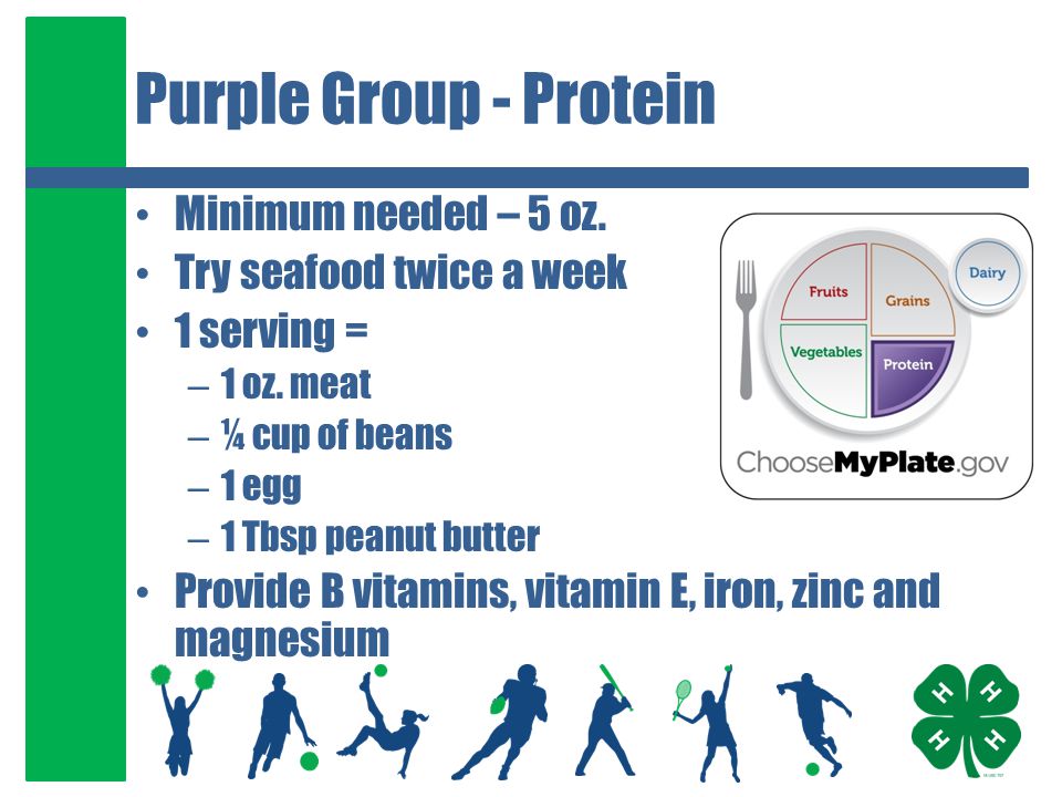 Purple Group - Protein Minimum needed – 5 oz. Try seafood twice a week 1 serving = – 1 oz.