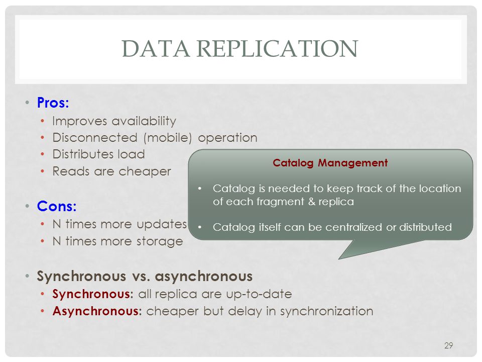 DATA REPLICATION Pros: Improves availability Disconnected (mobile) operation Distributes load Reads are cheaper Cons: N times more updates N times more storage Synchronous vs.
