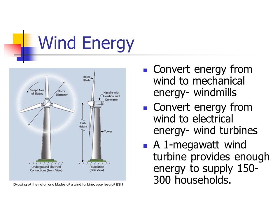Wind Energy Convert energy from wind to mechanical energy- windmills Convert energy from wind to electrical energy- wind turbines A 1-megawatt wind turbine provides enough energy to supply households.