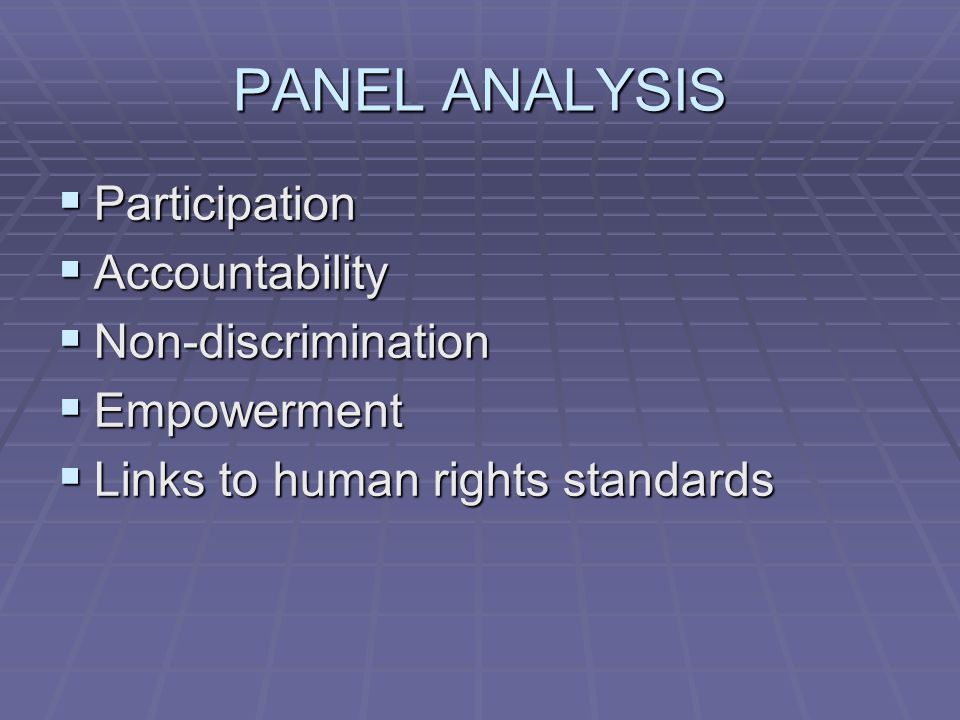 PANEL ANALYSIS  Participation  Accountability  Non-discrimination  Empowerment  Links to human rights standards