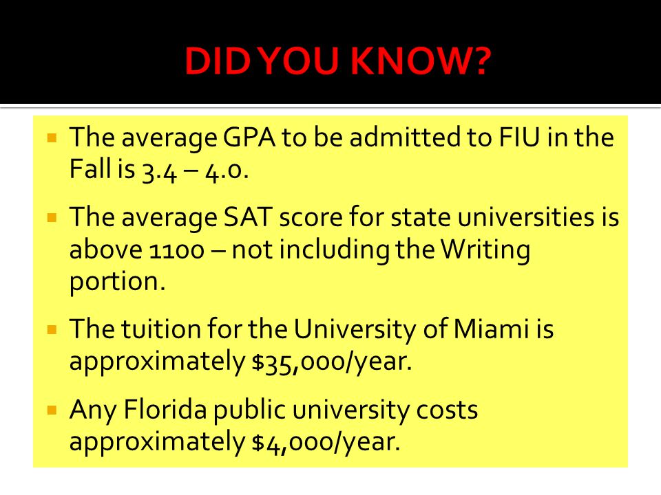  The average GPA to be admitted to FIU in the Fall is 3.4 – 4.0.