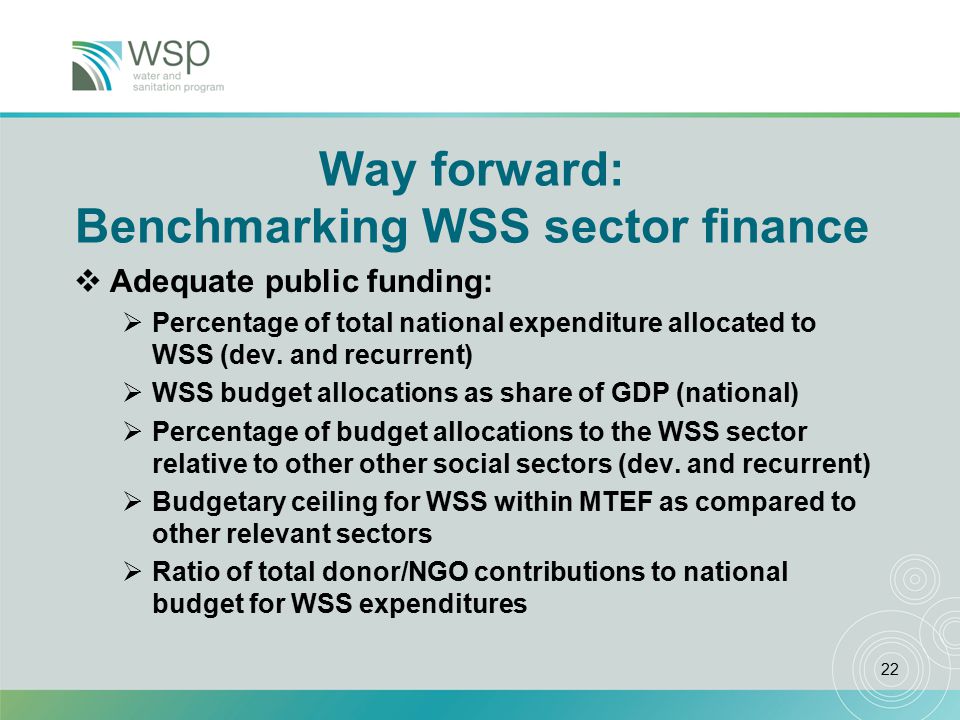 22 Way forward: Benchmarking WSS sector finance  Adequate public funding:  Percentage of total national expenditure allocated to WSS (dev.