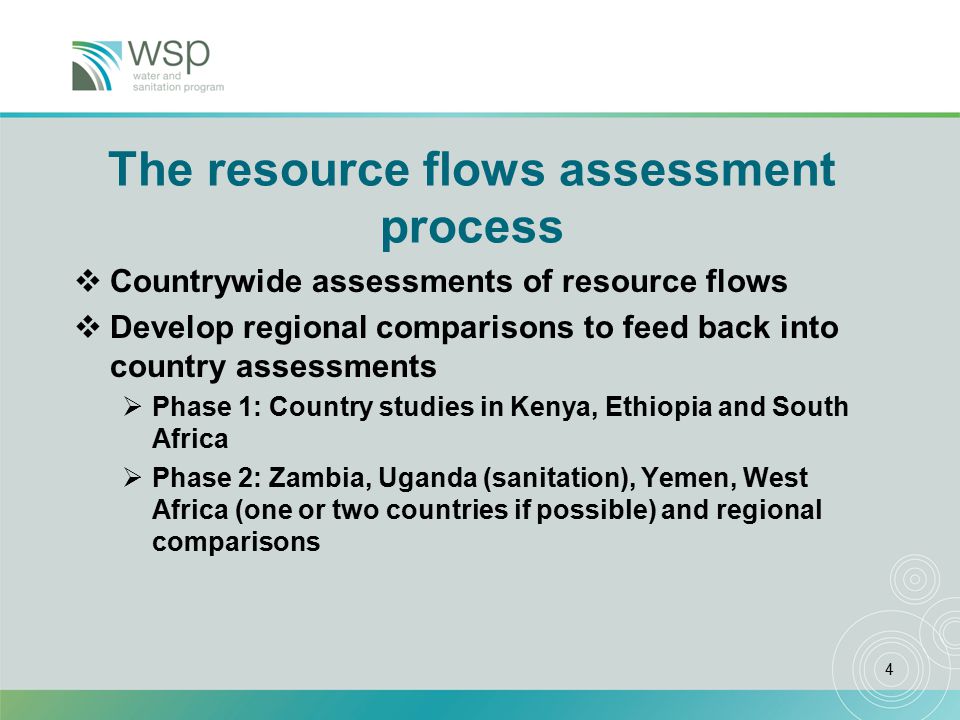 4 The resource flows assessment process  Countrywide assessments of resource flows  Develop regional comparisons to feed back into country assessments  Phase 1: Country studies in Kenya, Ethiopia and South Africa  Phase 2: Zambia, Uganda (sanitation), Yemen, West Africa (one or two countries if possible) and regional comparisons