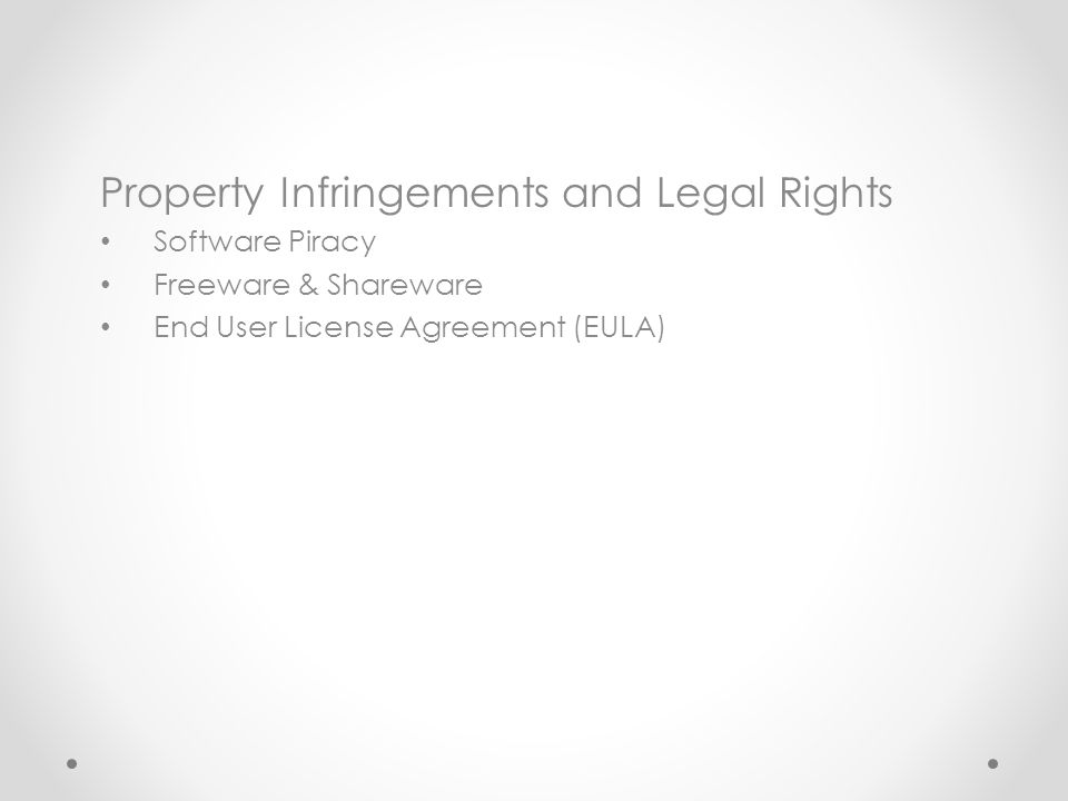 Property Infringements and Legal Rights Software Piracy Freeware & Shareware End User License Agreement (EULA)
