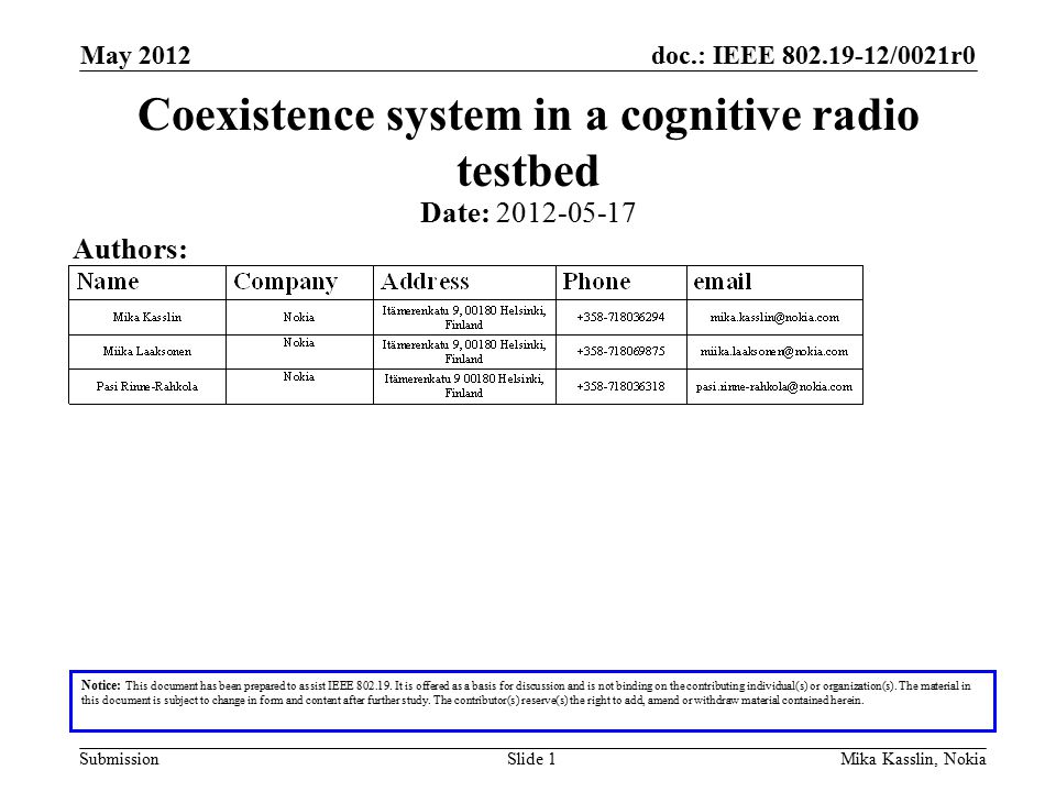 doc.: IEEE /0021r0 Submission May 2012 Mika Kasslin, NokiaSlide 1 Coexistence system in a cognitive radio testbed Notice: This document has been prepared to assist IEEE