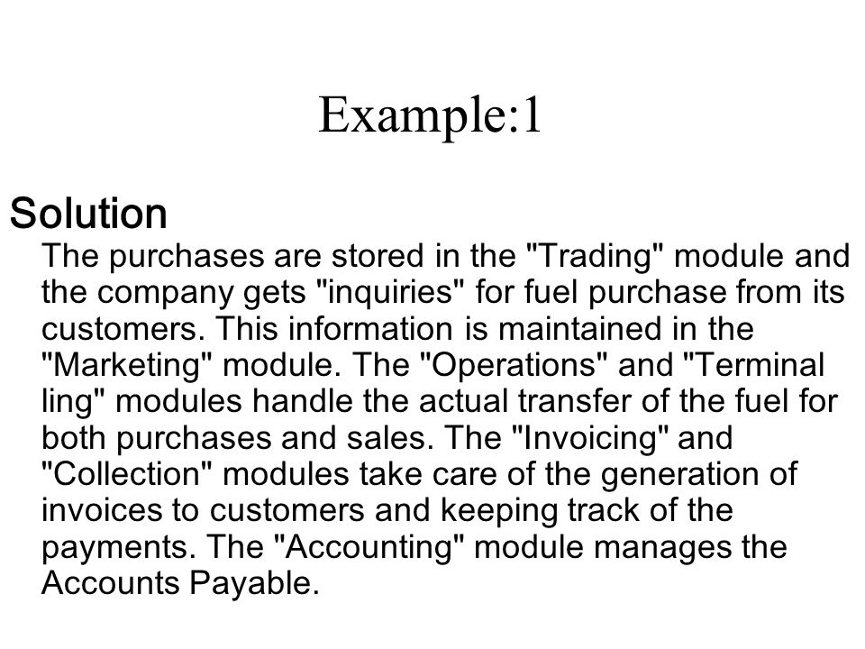Example:1 Solution The purchases are stored in the Trading module and the company gets inquiries for fuel purchase from its customers.