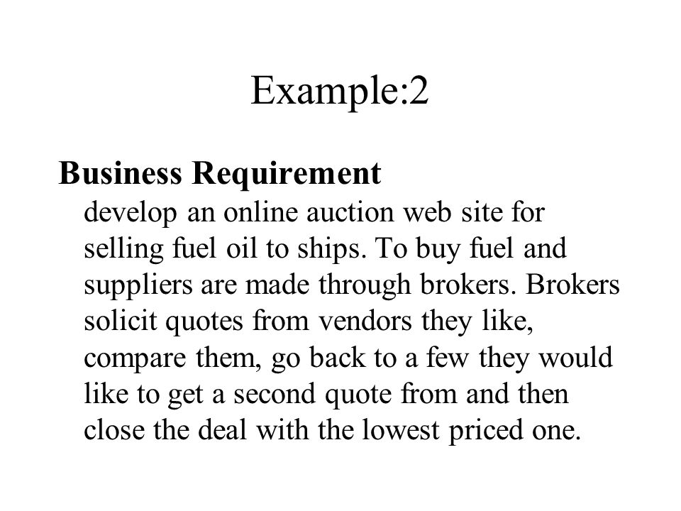 Example:2 Business Requirement develop an online auction web site for selling fuel oil to ships.