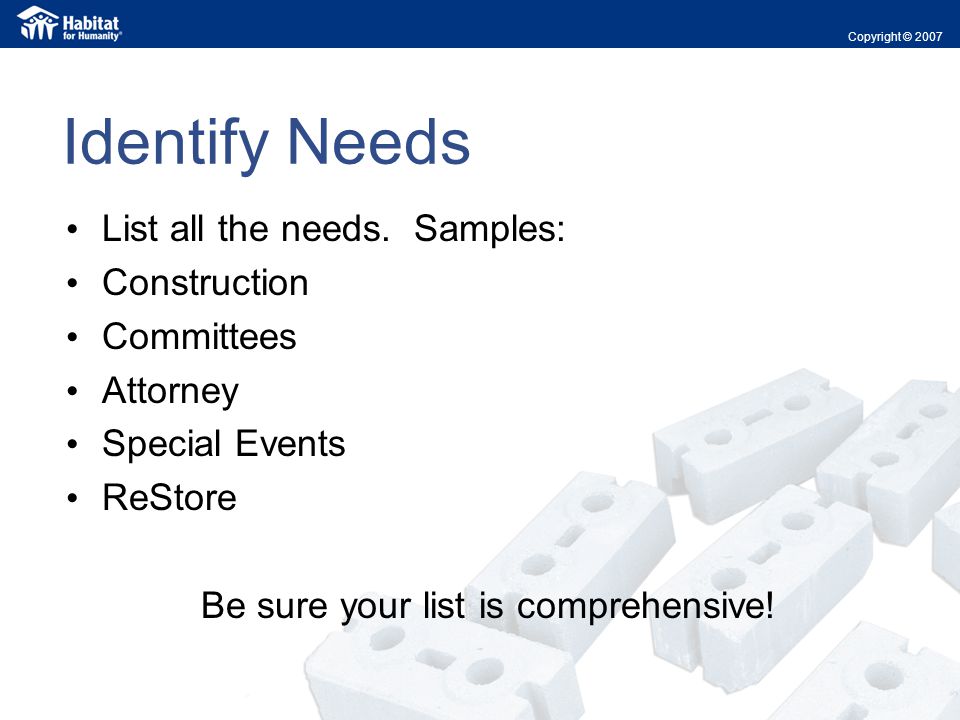 Identify Needs List all the needs.