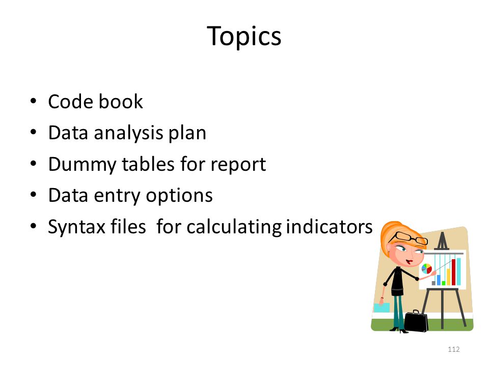 Topics Code book Data analysis plan Dummy tables for report Data entry options Syntax files for calculating indicators 112