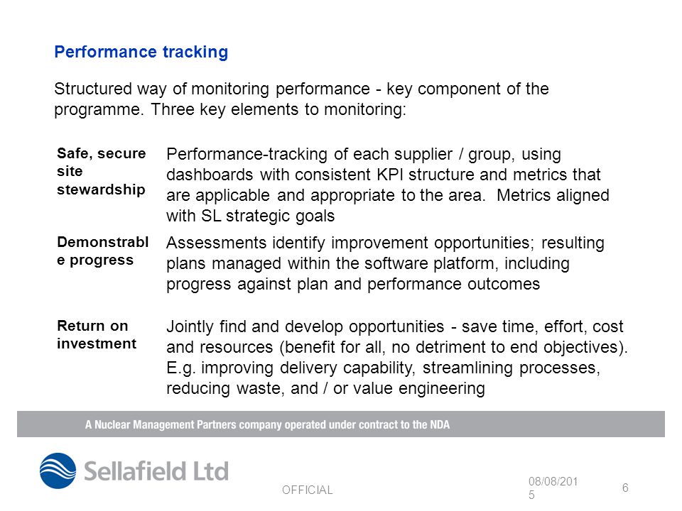 Performance tracking Structured way of monitoring performance - key component of the programme.