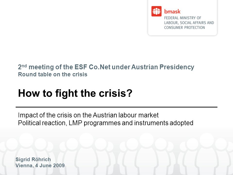 2 nd meeting of the ESF Co.Net under Austrian Presidency Round table on the crisis Sigrid Röhrich Vienna, 4 June 2009 How to fight the crisis.