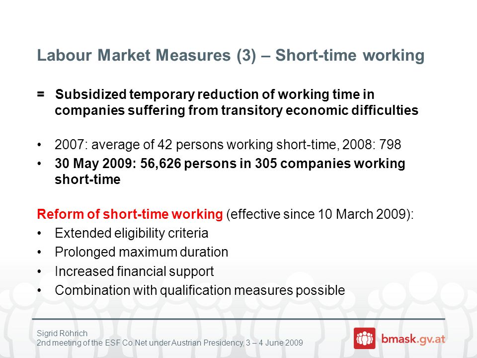 Sigrid Röhrich 2nd meeting of the ESF Co.Net under Austrian Presidency, 3 – 4 June 2009 Labour Market Measures (3) – Short-time working = Subsidized temporary reduction of working time in companies suffering from transitory economic difficulties 2007: average of 42 persons working short-time, 2008: May 2009: 56,626 persons in 305 companies working short-time Reform of short-time working (effective since 10 March 2009): Extended eligibility criteria Prolonged maximum duration Increased financial support Combination with qualification measures possible