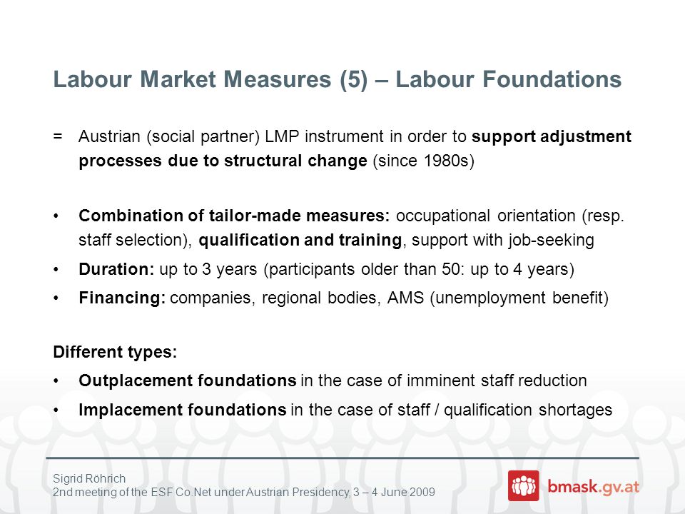 Sigrid Röhrich 2nd meeting of the ESF Co.Net under Austrian Presidency, 3 – 4 June 2009 Labour Market Measures (5) – Labour Foundations =Austrian (social partner) LMP instrument in order to support adjustment processes due to structural change (since 1980s) Combination of tailor-made measures: occupational orientation (resp.
