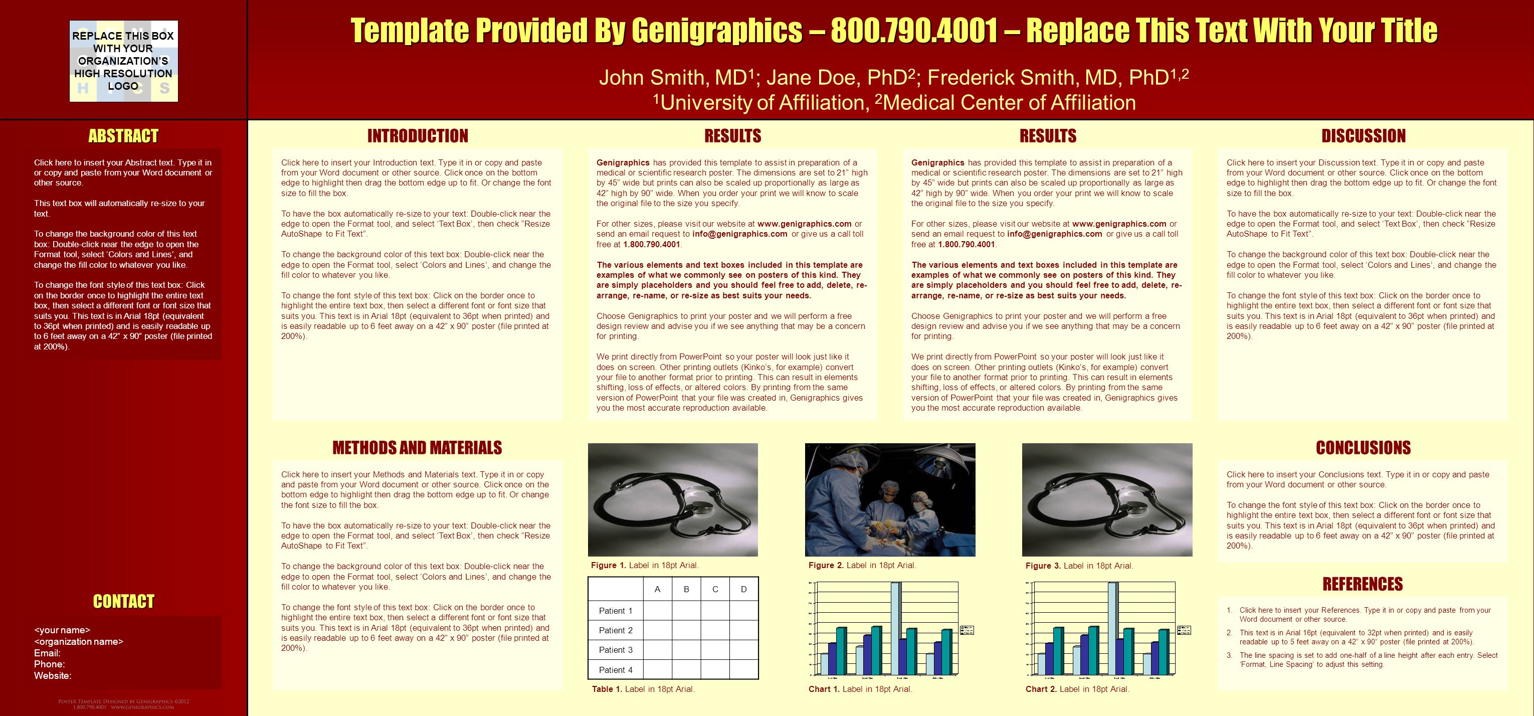Template Provided By Genigraphics – – Replace This Text With Your Title John Smith, MD 1 ; Jane Doe, PhD 2 ; Frederick Smith, MD, PhD 1,2 1 University of Affiliation, 2 Medical Center of Affiliation REPLACE THIS BOX WITH YOUR ORGANIZATION’S HIGH RESOLUTION LOGO INTRODUCTION METHODS AND MATERIALSCONCLUSIONS DISCUSSIONRESULTS REFERENCES ABCD Patient 1 Patient 2 Patient 3 Patient 4 Chart 1.
