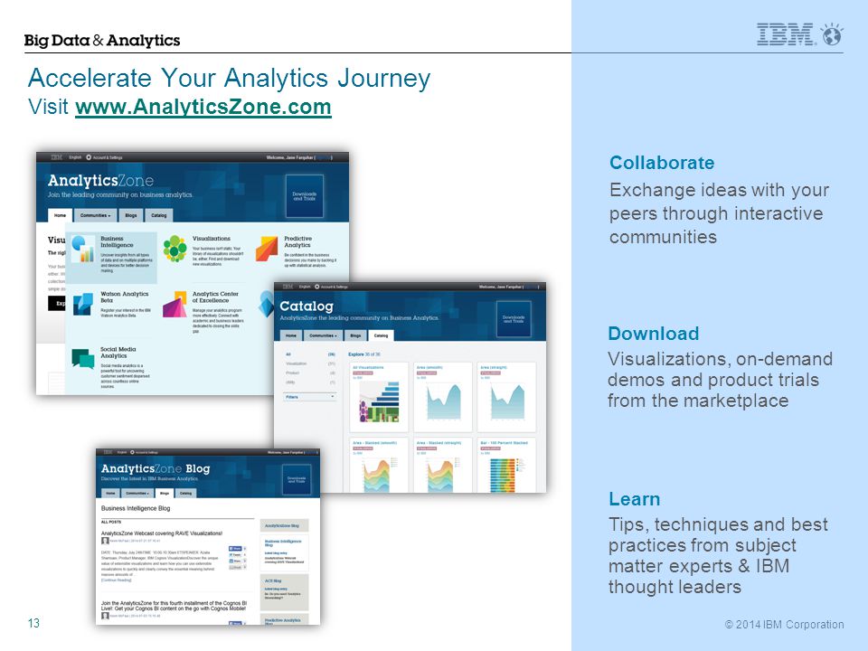 © 2014 IBM Corporation 13 Accelerate Your Analytics Journey Visit   Collaborate Exchange ideas with your peers through interactive communities Download Visualizations, on-demand demos and product trials from the marketplace Learn Tips, techniques and best practices from subject matter experts & IBM thought leaders
