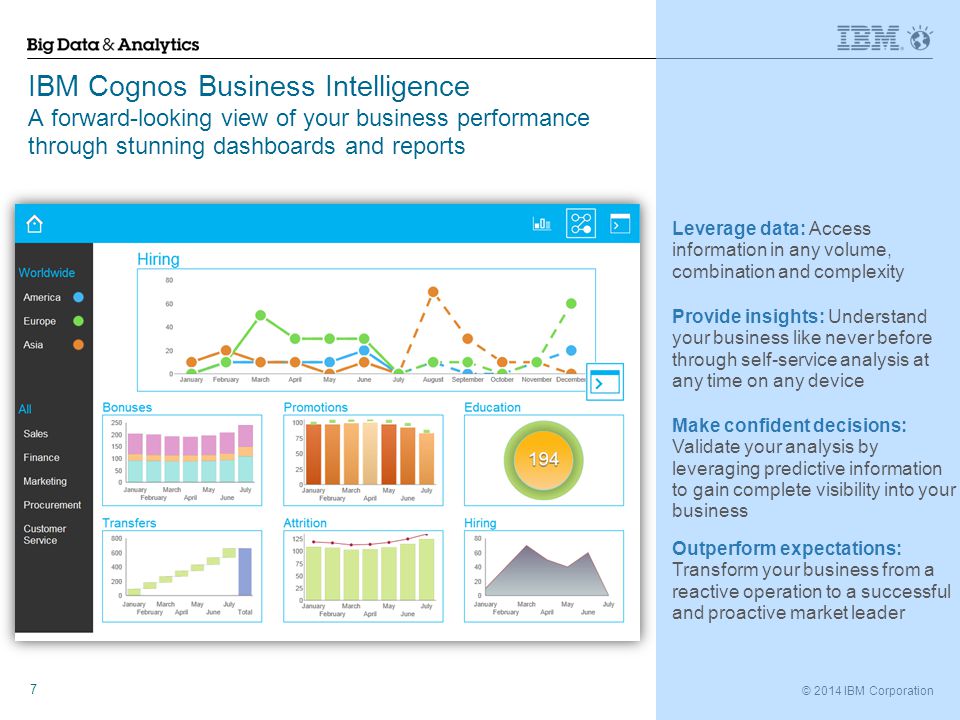 © 2014 IBM Corporation 7 IBM Cognos Business Intelligence A forward-looking view of your business performance through stunning dashboards and reports Leverage data: Access information in any volume, combination and complexity Provide insights: Understand your business like never before through self-service analysis at any time on any device Make confident decisions: Validate your analysis by leveraging predictive information to gain complete visibility into your business Outperform expectations: Transform your business from a reactive operation to a successful and proactive market leader