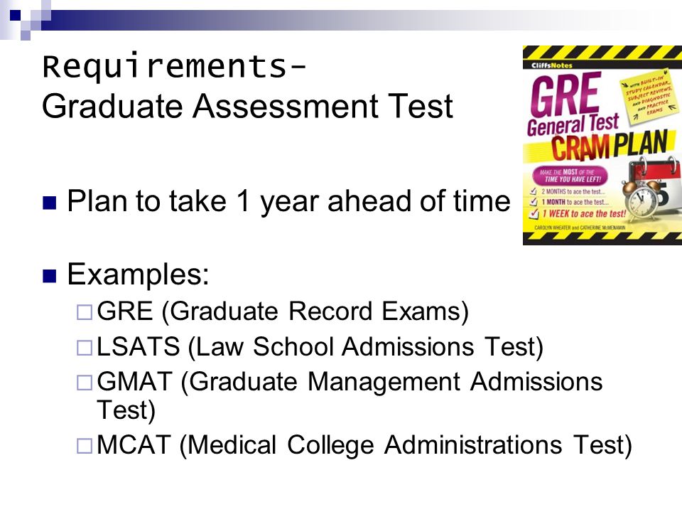 Requirements- Graduate Assessment Test Plan to take 1 year ahead of time Examples:  GRE (Graduate Record Exams)  LSATS (Law School Admissions Test)  GMAT (Graduate Management Admissions Test)  MCAT (Medical College Administrations Test)