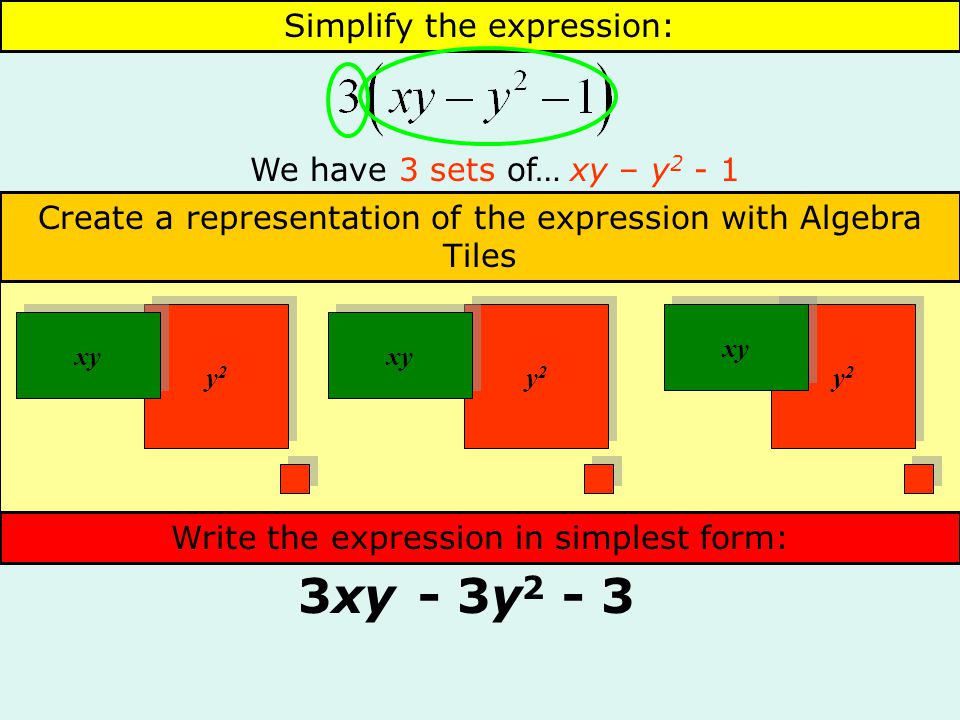 Simplify the expression: We have 3 sets of…xy – y Create a representation of the expression with Algebra Tiles Next…Organize your Algebra TilesWrite the expression in simplest form: 3xy- 3y 2 y2y2 y2y2 xy y2y2 y2y2 y2y2 y2y2 - 3